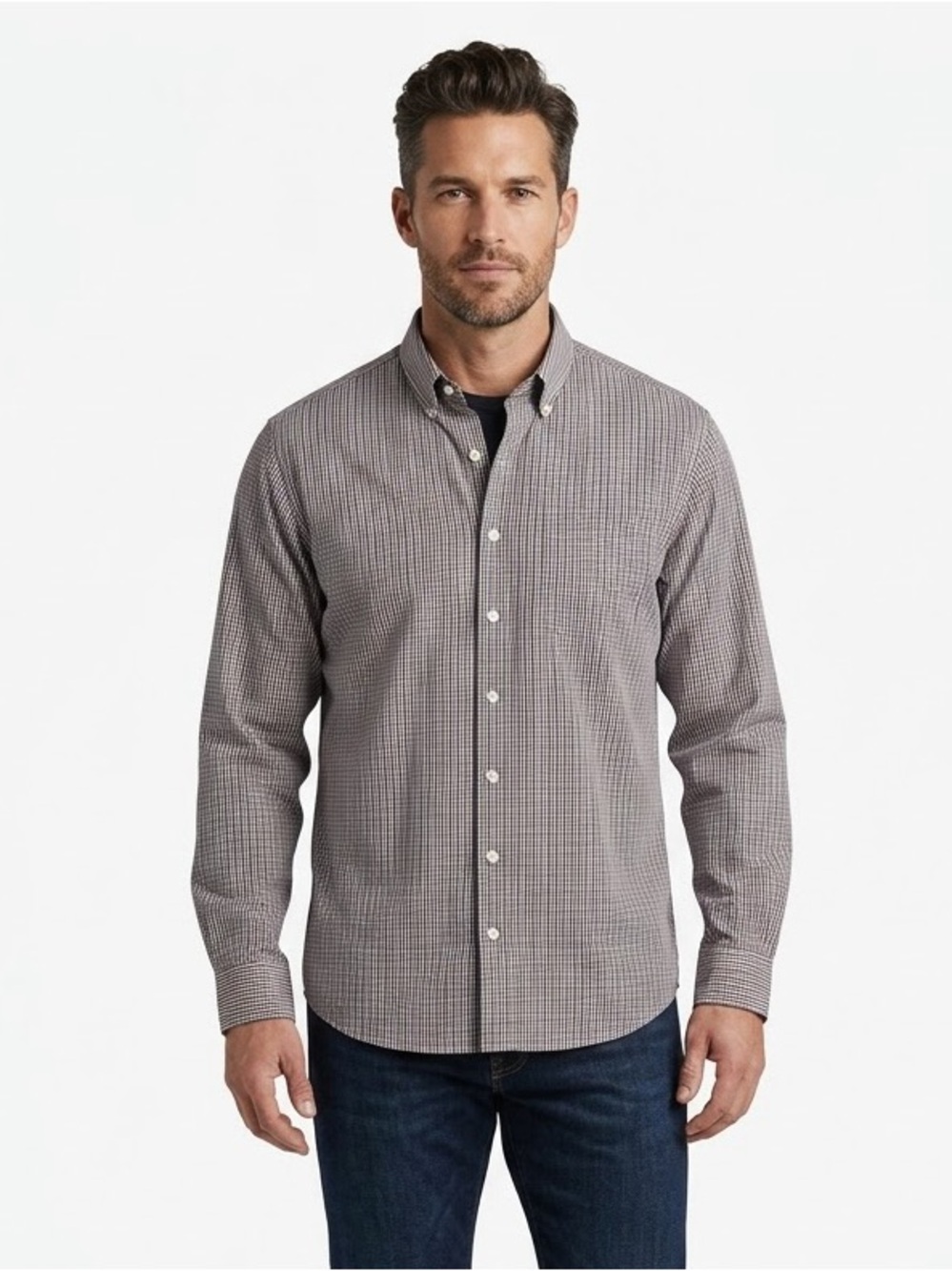 Peter Millar Men's Brown and Gray Cotton Micro-Plaid Dress Shirt